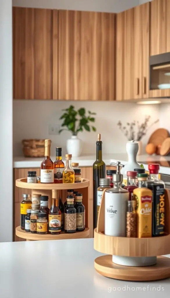A beautifully organized kitchen corner featuring a stylish turntable for bottles and spices, made from natural bamboo wood. In the foreground, focus on the turntable, filled with an array of colorful spice jars, olive oil bottles, and decorative vinegar dispensers, all neatly arranged for easy access. In the middle, showcase a light-colored background with soft kitchen elements like a white backsplash and warm wooden cabinets. Use soft, diffused lighting to create a cozy atmosphere, highlighting the textures of the wood and the vibrant colors of the spices. Include delicate kitchen plants in the background to enhance the fresh, inviting feel of the space. Ensure the overall aesthetic reflects modern, minimalist design, fitting for the "GoodHomeFinds" brand and perfect for a Pinterest-worthy lifestyle photo. A beautifully organized kitchen corner featuring a stylish turntable for bottles and spices, made from natural bamboo wood. In the foreground, focus on the turntable, filled with an array of colorful spice jars, olive oil bottles, and decorative vinegar dispensers, all neatly arranged for easy access. In the middle, showcase a light-colored background with soft kitchen elements like a white backsplash and warm wooden cabinets. Use soft, diffused lighting to create a cozy atmosphere, highlighting the textures of the wood and the vibrant colors of the spices. Include delicate kitchen plants in the background to enhance the fresh, inviting feel of the space. Ensure the overall aesthetic reflects modern, minimalist design, fitting for the "GoodHomeFinds" brand and perfect for a Pinterest-worthy lifestyle photo.