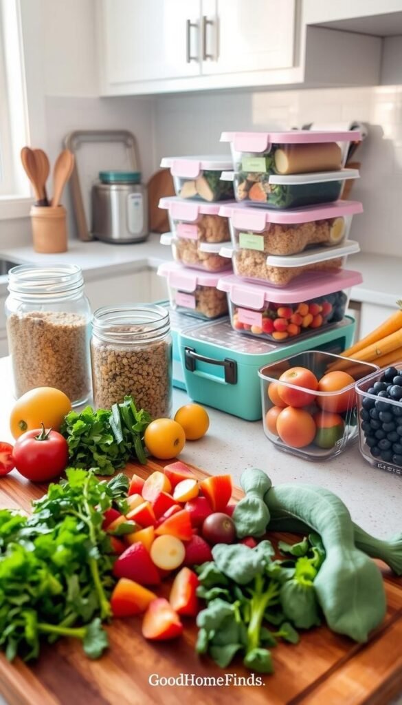 A beautifully organized kitchen counter filled with colorful meal prep containers featuring healthy, balanced meals. In the foreground, a wooden cutting board displays freshly chopped vegetables and herbs, while vibrant fruits are arranged next to stylish glass jars filled with grains. The middle ground showcases the meal prep containers neatly arranged, with labels in soft colors indicating their contents. The background features a softly lit kitchen, with natural light streaming in through a window, enhancing the fresh and clean atmosphere. The scene captures a sense of calm and productivity, ideal for a Sunday reset. The image should embody a Pinterest-style aesthetic, evoking inspiration for meal planning and grocery organization. GoodHomeFinds.