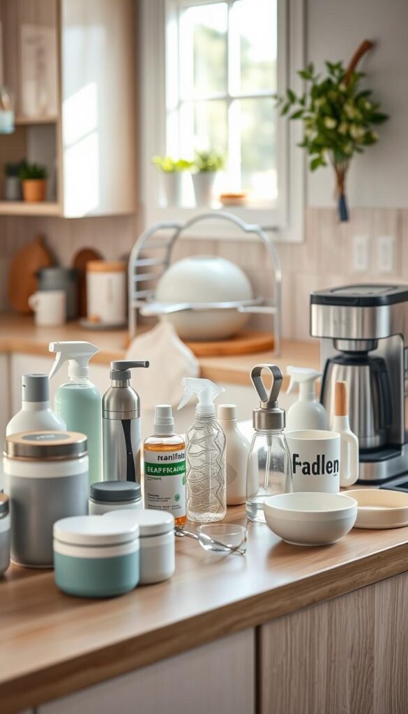 A beautifully organized kitchen countertop featuring a variety of daily home products that simplify daily tasks. In the foreground, showcase sleek storage containers, eco-friendly cleaning supplies, and innovative kitchen gadgets, all arranged aesthetically. The middle ground reveals a stylish dish rack and a modern coffee maker, emphasizing functionality and convenience. In the background, a warm, inviting kitchen scene illuminated by natural light streaming through a window, accentuating the cozy atmosphere. The color palette should be soft and harmonious, with light woods and pastel accents. Capture the essence of a serene, well-designed living space that embodies the theme of problem-solving home finds. The image should evoke feelings of comfort and efficiency, showcasing products from "GoodHomeFinds" that enhance daily life.