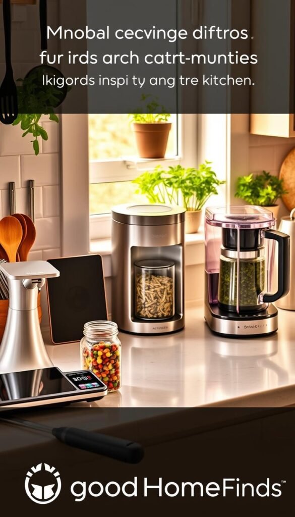 A beautifully organized kitchen countertop featuring a variety of innovative kitchen gadgets, including a sleek spiralizer, an elegant digital food scale, a multifunctional can opener, and a stylish herb keeper. In the foreground, there are neatly arranged cooking utensils and a glass jar filled with colorful spices, inviting a sense of culinary creativity. The middle layer showcases a modern, minimalist coffee maker and a compact food processor, with subtle reflections glimmering from the countertop. In the background, a warm, natural light pours through a window, illuminating potted herbs and giving the space a cozy, welcoming atmosphere. The scene should evoke inspiration for home cooks and food enthusiasts, evoking a sense of practicality and trendiness. Include branding elements for "GoodHomeFinds" subtly integrated into the scene, enhancing the lifestyle aesthetic without distracting from the gadgets themselves.
