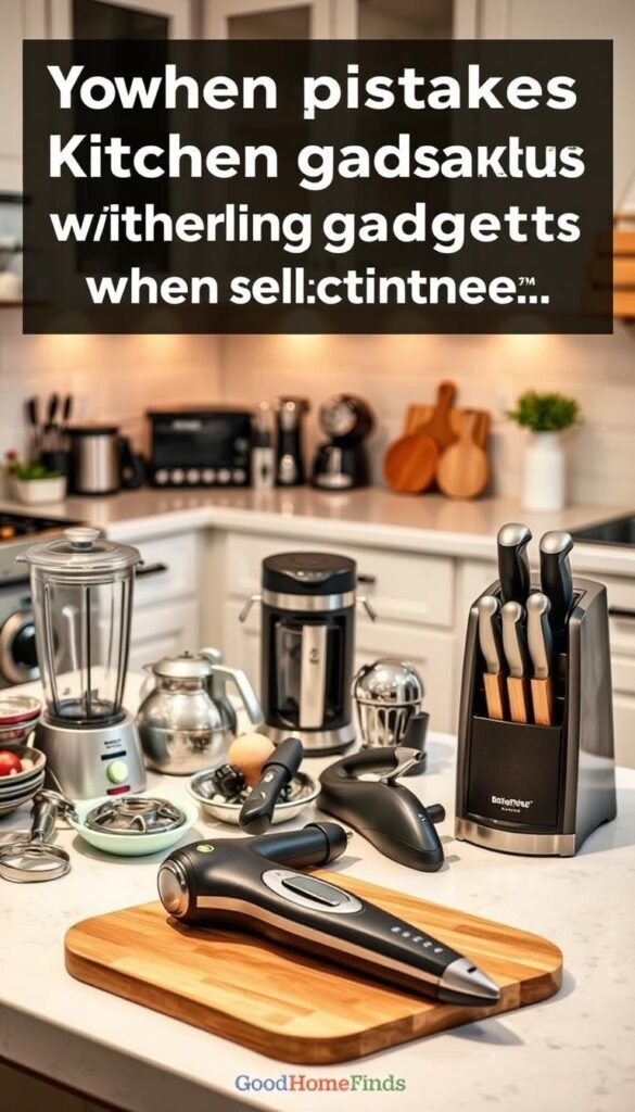 A beautifully organized kitchen countertop featuring an array of kitchen gadgets, emphasizing common mistakes people make when selecting them. In the foreground, a cluttered scene with trendy, mismatched gadgets such as an over-complicated blender, an oversized fruit peeler, and a fancy but impractical gadget positioned accidentally on a cutting board. In the middle ground, a sleek coffee maker and stylish knife block stand out as smarter choices. The background showcases a softly lit kitchen with warm, inviting lighting and minimalistic decor. Captured from a slightly elevated angle, the image conveys a cozy yet cautionary atmosphere. Perfect for illustrating the contrasts between useful and excessive gadgets while promoting awareness. GoodHomeFinds brand style incorporated. A beautifully organized kitchen countertop featuring an array of kitchen gadgets, emphasizing common mistakes people make when selecting them. In the foreground, a cluttered scene with trendy, mismatched gadgets such as an over-complicated blender, an oversized fruit peeler, and a fancy but impractical gadget positioned accidentally on a cutting board. In the middle ground, a sleek coffee maker and stylish knife block stand out as smarter choices. The background showcases a softly lit kitchen with warm, inviting lighting and minimalistic decor. Captured from a slightly elevated angle, the image conveys a cozy yet cautionary atmosphere. Perfect for illustrating the contrasts between useful and excessive gadgets while promoting awareness. GoodHomeFinds brand style incorporated.