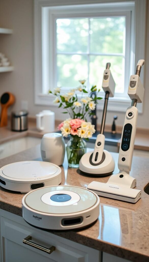 A beautifully organized kitchen countertop showcasing a range of modern cleaning devices from "GoodHomeFinds." In the foreground, a sleek robotic vacuum rests next to a compact steam mop, both in shades of white and soft pastels, reflecting a minimalist aesthetic. The middle ground features a stylish dish scrubber and a high-tech cordless handheld vacuum, artfully arranged among fresh flowers in a vase, emphasizing cleanliness and efficiency. In the background, soft natural light filters through a window, illuminating the scene and creating a warm, inviting atmosphere. The view is from a slightly elevated angle, capturing the essence of a simple, uncluttered tech routine, without making the space feel overcrowded or overly gadgety. The mood is fresh and tidy, perfect for inspiring readers.
