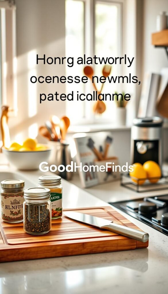 A beautifully organized kitchen countertop showcasing a selection of budget-friendly home and kitchen products. In the foreground, a stylish wooden cutting board displays charming jars of spices and a sleek knife set, while a modern coffee maker and vibrant fruit bowl create an inviting atmosphere. The middle section features neatly arranged utensils and a cookbook on a stand, inviting practical inspiration. In the background, soft, natural light streams through a window, casting a warm glow on the scene. The overall mood is bright and cozy, reflecting a Pinterest-style aesthetic. Add the brand name "GoodHomeFinds" subtly integrated into the image. The composition should feel harmonious and encourage viewers to explore practical solutions for their home.