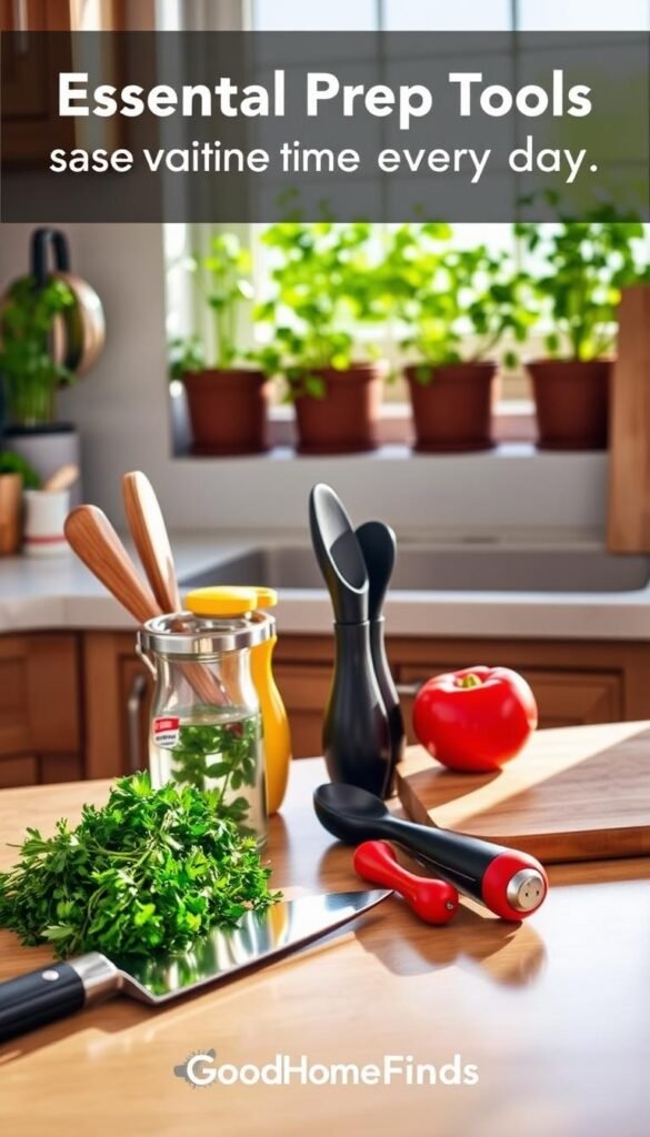 A beautifully organized kitchen countertop showcasing an array of essential prep tools that save time every day, including a vibrant vegetable peeler, a sleek garlic press, a multifunctional measuring spoon set, and a stylish cutting board. In the foreground, a gleaming chef's knife rests beside fresh herbs and colorful vegetables, hinting at a delicious meal preparation. The middle layer features a sunlit window with herbs in pots, casting soft shadows and creating a warm ambiance. The background captures a cozy kitchen scene with wooden cabinets and utensils, enhanced by natural light streaming in. The image conveys a cheerful, inviting atmosphere ideal for home cooking. Emphasize the brand "GoodHomeFinds" through the polished aesthetic and focus on practicality and style.