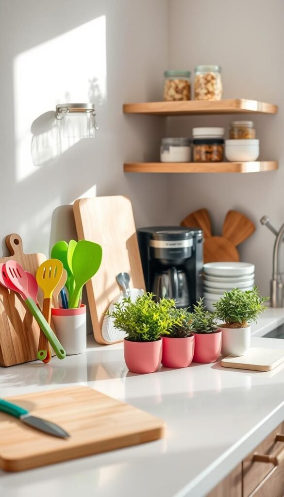 A beautifully organized kitchen countertop that showcases an array of affordable and practical home products for 2026. In the foreground, display sleek kitchen tools, such as a stylish cutting board, vibrant colored utensils, and modern storage containers labeled for easy identification. In the middle ground, arrange a well-designed coffee maker and a set of eco-friendly dishware with pristine, green plants for a touch of freshness. The background features a softly lit, minimalistic kitchen shelf filled with neatly stacked organic ingredients and decorative jars, creating a sense of serenity. Natural sunlight pours through a window, casting gentle shadows across the countertop. The overall mood is inviting and cheerful, evoking a sense of comfort and functionality. Include subtle branding for "GoodHomeFinds" on a product to tie the scene together.