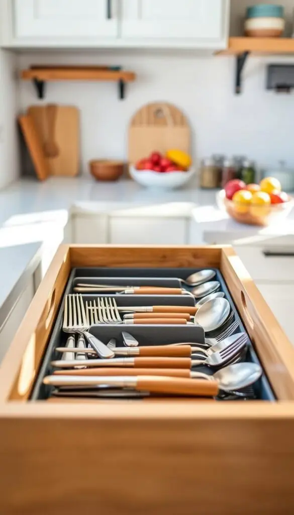 A beautifully organized kitchen drawer featuring a stackable cutlery drawer organizer by GoodHomeFinds. In the foreground, the organizer is filled with neatly arranged utensils like forks, knives, and spoons, showcasing a blend of stainless steel and wooden handles. The middle ground displays a serene kitchen environment, with light streaming through a nearby window, highlighting the subtle textures of the wooden drawer and the sleek organizer. In the background, soft-focus kitchen elements such as a vibrant bowl of fresh fruit and a spice rack add warmth and color to the scene. The overall mood is tidy and inviting, emphasizing practicality and style for kitchen storage solutions. Shot at a slight angle with natural light to enhance the details and create a cozy, homey atmosphere.