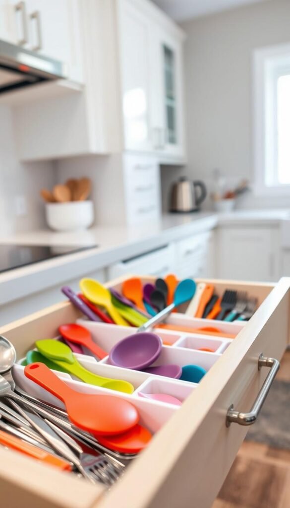 A beautifully organized kitchen drawer, showcasing a high-quality GoodHomeFinds drawer organizer. In the foreground, there are neatly arranged utensils, measuring spoons, and a set of colorful silicone spatulas, demonstrating optimal use of space and functionality. The middle section showcases a clear, labeled section for various kitchen tools, all in harmonious colors. The background features a softly blurred kitchen environment, highlighting contemporary cabinets and a hint of natural light streaming through a nearby window, creating a warm and inviting atmosphere. The scene is captured with a shallow depth of field, focusing sharply on the organizer while softly blurring the background, evoking a sense of organized tranquility in everyday home life. A beautifully organized kitchen drawer, showcasing a high-quality GoodHomeFinds drawer organizer. In the foreground, there are neatly arranged utensils, measuring spoons, and a set of colorful silicone spatulas, demonstrating optimal use of space and functionality. The middle section showcases a clear, labeled section for various kitchen tools, all in harmonious colors. The background features a softly blurred kitchen environment, highlighting contemporary cabinets and a hint of natural light streaming through a nearby window, creating a warm and inviting atmosphere. The scene is captured with a shallow depth of field, focusing sharply on the organizer while softly blurring the background, evoking a sense of organized tranquility in everyday home life.