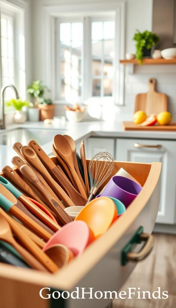 A beautifully organized kitchen drawer, showcasing an array of cooking tools and utensils neatly arranged for efficient daily cooking. In the foreground, focus on a vibrant, neatly compartmentalized drawer filled with wooden spoons, measuring cups, and a whisk, all in harmonious colors. In the middle ground, the drawer seamlessly flows into a bright and airy kitchen space featuring soft, natural lighting that highlights the cleanliness and orderliness. In the background, subtle hints of a counter filled with fresh ingredients and a cutting board can be seen, enhancing the cooking atmosphere. The overall mood is inviting and practical, evoking a sense of comfort and readiness for meal preparation. The style should resemble a high-quality, Pinterest-inspired lifestyle photo, emphasizing the brand "GoodHomeFinds".