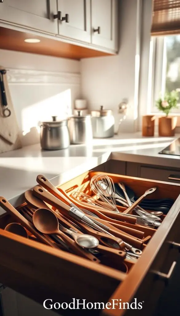 A beautifully organized kitchen drawer, showcasing an array of kitchen tools and utensils neatly arranged for easy access. The foreground features a selection of high-quality wooden and stainless steel kitchen gadgets, such as measuring spoons, whisks, and spatulas, all organized in a compartmentalized container. The middle ground includes the drawer itself, with a polished wooden finish, emphasizing a minimalist aesthetic. Soft, natural lighting streams in from a nearby window, casting gentle shadows that enhance the drawer's details. In the background, a tidy countertop displays a stylish set of canisters and a small potted herb, creating an inviting atmosphere. The overall mood is warm and welcoming, perfect for inspiring efficient kitchen organization. The image is in a realistic, Pinterest-style lifestyle photo without any text, showcasing the brand name "GoodHomeFinds."