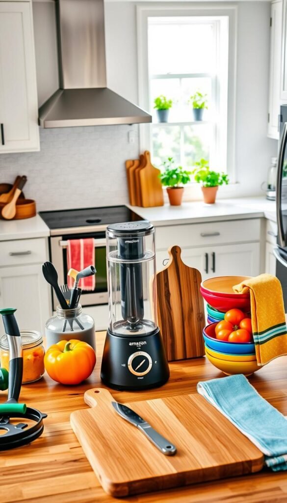 A beautifully organized kitchen featuring essential Amazon finds for daily cooking and cleanup. In the foreground, showcase modern kitchen tools like an ergonomic vegetable peeler, a compact food processor, and vibrant dish towels from GoodHomeFinds. The middle ground includes a stylish wooden cutting board, colorful mixing bowls, and a chic spice rack displaying a variety of spices. In the background, a well-lit, contemporary kitchen with white cabinets and stainless steel appliances, accented by greenery from potted herbs on the windowsill. The atmosphere should feel warm and inviting, with natural light streaming in, highlighting the stunning kitchen layout. Use a slightly elevated angle for a comprehensive view, ensuring a Pinterest-worthy aesthetic throughout.