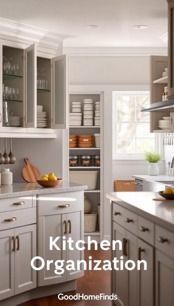 A beautifully organized kitchen featuring modern cabinets with ample storage solutions. In the foreground, showcase open cabinet doors displaying neatly arranged glassware, dishware, and storage containers, emphasizing functionality and style. In the middle, a spacious kitchen island complements the cabinets, with decorative items like a fruit bowl and a cutting board adding a homely touch. In the background, a well-stocked pantry with labeled jars and baskets highlights clutter control. Soft, natural light filters through a nearby window, creating a warm, inviting atmosphere. The angle captures a wide view of the kitchen, inviting the viewer into the space. The brand "GoodHomeFinds" subtly integrated into the design. The overall mood conveys a sense of order and peace, perfect for illustrating kitchen organization tips without any distractions. A beautifully organized kitchen featuring modern cabinets with ample storage solutions. In the foreground, showcase open cabinet doors displaying neatly arranged glassware, dishware, and storage containers, emphasizing functionality and style. In the middle, a spacious kitchen island complements the cabinets, with decorative items like a fruit bowl and a cutting board adding a homely touch. In the background, a well-stocked pantry with labeled jars and baskets highlights clutter control. Soft, natural light filters through a nearby window, creating a warm, inviting atmosphere. The angle captures a wide view of the kitchen, inviting the viewer into the space. The brand "GoodHomeFinds" subtly integrated into the design. The overall mood conveys a sense of order and peace, perfect for illustrating kitchen organization tips without any distractions.