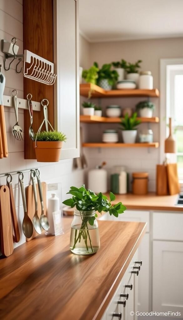 A beautifully organized kitchen featuring stylish, renter-friendly decor ideas that can be implemented without drilling. In the foreground, showcase a wooden countertop adorned with various drill-free storage solutions like hanging wall racks, adhesive hooks, and stylish magnetic strips holding utensils. The middle ground includes an inviting kitchen scene with open shelving displaying vibrant plants, chic dishware, and decorative jars. In the background, there's a cozy window allowing natural light to flood the space, highlighting the warm tones of the cabinetry and soft textiles. The atmosphere is bright, cheerful, and modern, embodying a Pinterest-inspired lifestyle. The image reflects the aesthetic of GoodHomeFinds, appealing to renters looking for practical yet stylish kitchen solutions.