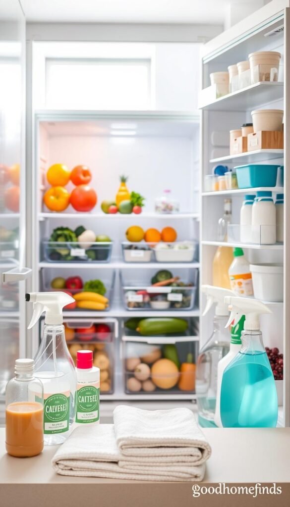 A beautifully organized kitchen fridge interior, showcasing effective cleaning tips. In the foreground, there are various cleaning supplies like eco-friendly sprays, microfiber cloths, and clear storage bins neatly arranged. In the middle ground, a partially open fridge displays colorful, fresh produce and labeled containers, demonstrating clear organization techniques. The background features a clean kitchen with soft, natural lighting streaming through a window, casting gentle shadows; the overall atmosphere feels fresh, inviting, and homely. A bright, airy color palette makes the scene inspiring. Capture this in a Pinterest-style lifestyle photo, emphasizing practical and aesthetically pleasing fridge organization strategies. Include subtly branded elements from "GoodHomeFinds" to enhance brand recognition without being intrusive.