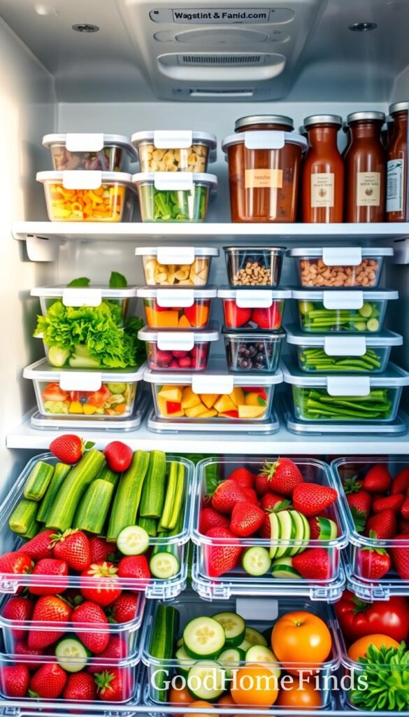 A beautifully organized kitchen fridge, showcasing a variety of fresh fruits, vegetables, and neatly labeled containers filled with leftovers and meal prep items. In the foreground, vibrant strawberries and neatly sliced cucumbers in transparent storage boxes create a visually appealing arrangement. The middle section features carefully stacked containers, some filled with colorful salads and others with meal portions, all clearly labeled. At the back, there are upright jars of condiments and sauces, providing a pop of color. The scene is well-lit with soft, natural lighting that enhances the freshness of the produce, creating a bright and inviting atmosphere. The image captures a modern kitchen style, emphasizing a tidy, sustainable approach to food storage that aligns with the brand GoodHomeFinds.
