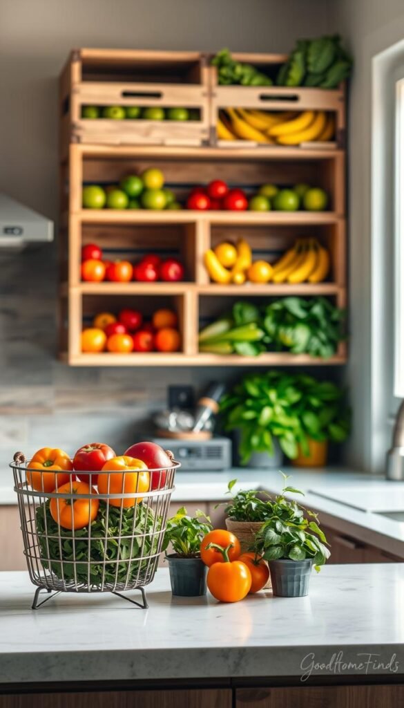 A beautifully organized kitchen produce storage area, featuring modern wooden crates filled with fresh fruits and vegetables like vibrant apples, leafy greens, and yellow bananas, arranged neatly on a rustic open shelf. In the foreground, a stylish wire basket holds a few colorful peppers and tomatoes, adding an inviting touch. The middle ground showcases a sleek countertop with a small herb garden in decorative pots. In the background, soft natural light streams in through a nearby window, creating a warm and airy atmosphere. The scene is framed to emphasize cleanliness and minimalism, with a shallow depth of field that lightly blurs the background, focusing on the produce storage. This Pinterest-style lifestyle photo embodies the essence of smart kitchen solutions and supports a sustainable lifestyle. GoodHomeFinds