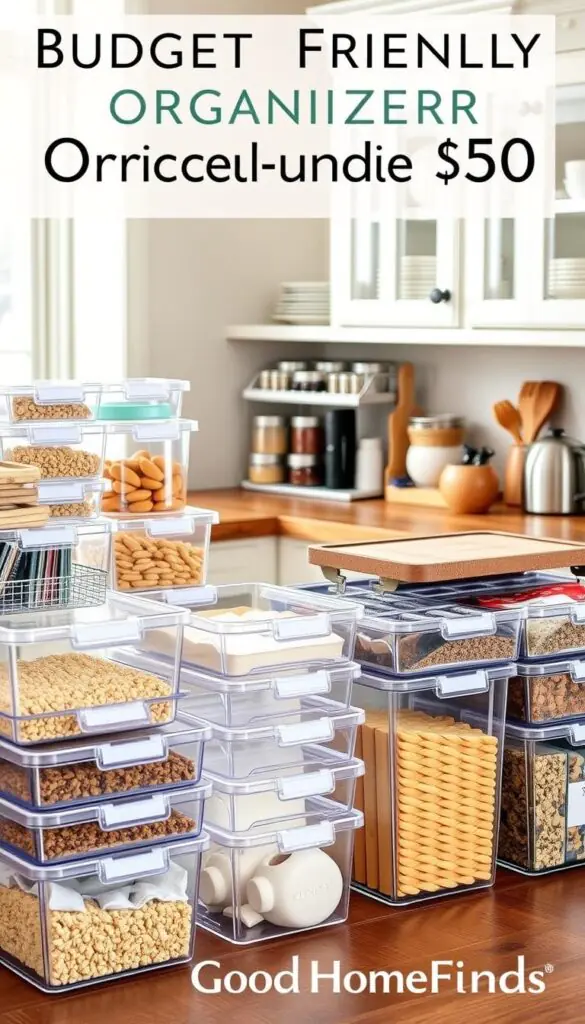 A beautifully organized kitchen scene featuring budget-friendly organizers priced under $50. In the foreground, various clear plastic bins, woven baskets, and stackable containers are displayed, neatly filled with pantry goods such as grains, pasta, and snacks. In the middle ground, a wooden countertop showcases a stylish spice rack and labeled jars, beautifully arranged, along with a few kitchen gadgets. The background includes soft-focus cabinets filled with plates and mugs, creating a cozy kitchen atmosphere. Natural light floods through a nearby window, casting warm, inviting shadows. Capture a Pinterest-style lifestyle aesthetic with an emphasis on organization, featuring the brand name "GoodHomeFinds" subtly integrated. The scene should evoke a sense of calm, functionality, and inspiration for a well-organized kitchen.