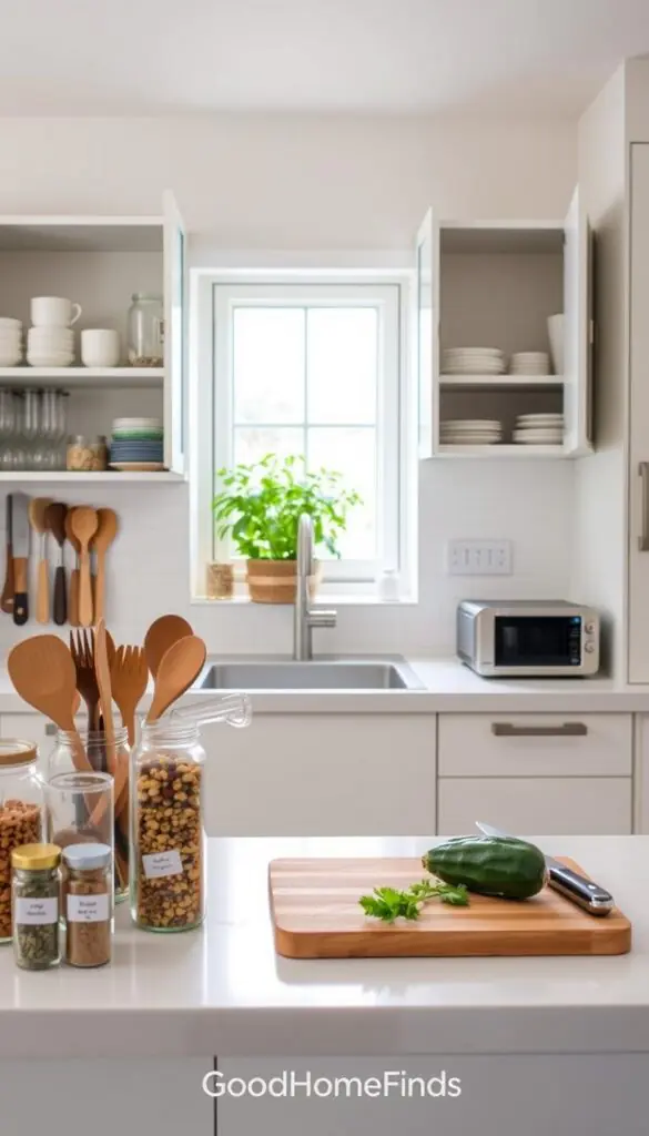A beautifully organized kitchen scene showcasing effective storage solutions. In the foreground, neatly arranged kitchen utensils in clear jars, colorful spices in labeled containers, and a modern cutting board with fresh vegetables. The middle section features an open cabinet displaying attractively stacked dishes and glassware, while a well-organized countertop includes a sleek, small appliance. In the background, bright natural light streams through a window, illuminating a potted herb garden on the windowsill and providing a warm, inviting atmosphere. The kitchen layout conveys a sense of spaciousness and efficiency, with a minimalist design and soft, muted color palette. The overall mood is calm and inspiring, promoting the idea of an organized kitchen that is both functional and aesthetically pleasing, perfect for the modern home, styled in a Pinterest-worthy manner. GoodHomeFinds.