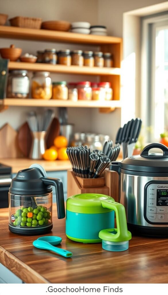 A beautifully organized kitchen showcasing a variety of time-saving kitchen tools on a wooden countertop. In the foreground, highlight a sleek multi-functional vegetable chopper, a compact electric kettle, and a stylish slow cooker, all in modern designs with vibrant colors. In the middle, display a neatly arranged set of stainless steel measuring cups and a high-quality set of cutting knives in a magnetic holder. The background features soft-focus shelves stocked with neatly labeled jars and fresh ingredients, creating an inviting atmosphere. Warm, natural lighting streams through a window, casting gentle shadows that enhance the cozy feel. The image conveys efficiency and a welcoming home vibe, embodying the spirit of "GoodHomeFinds" with a Pinterest-inspired aesthetic.