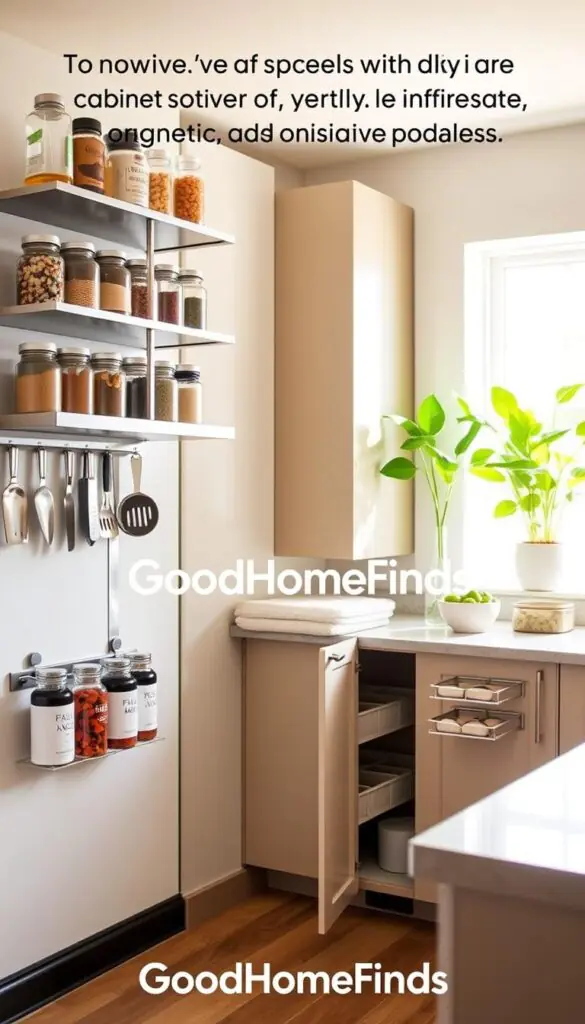 A beautifully organized kitchen showcasing innovative vertical space solutions with a modern aesthetic. In the foreground, a sleek, wall-mounted shelving unit holds neatly arranged spices and kitchen tools in clear jars. The middle shows stylish, unintrusive cabinet upgrades, featuring magnetic spice racks and tiered organizers. In the background, bright natural light streams through a window, illuminating green plants on the windowsill and adding warmth to the space. The overall mood is fresh and inviting, emphasizing efficiency and style. The composition is captured from a slightly elevated angle to highlight the vertical elements and depth, reminiscent of a Pinterest lifestyle photo. The branding "GoodHomeFinds" subtly integrated within the design elements enhances the appeal without overpowering the visual.