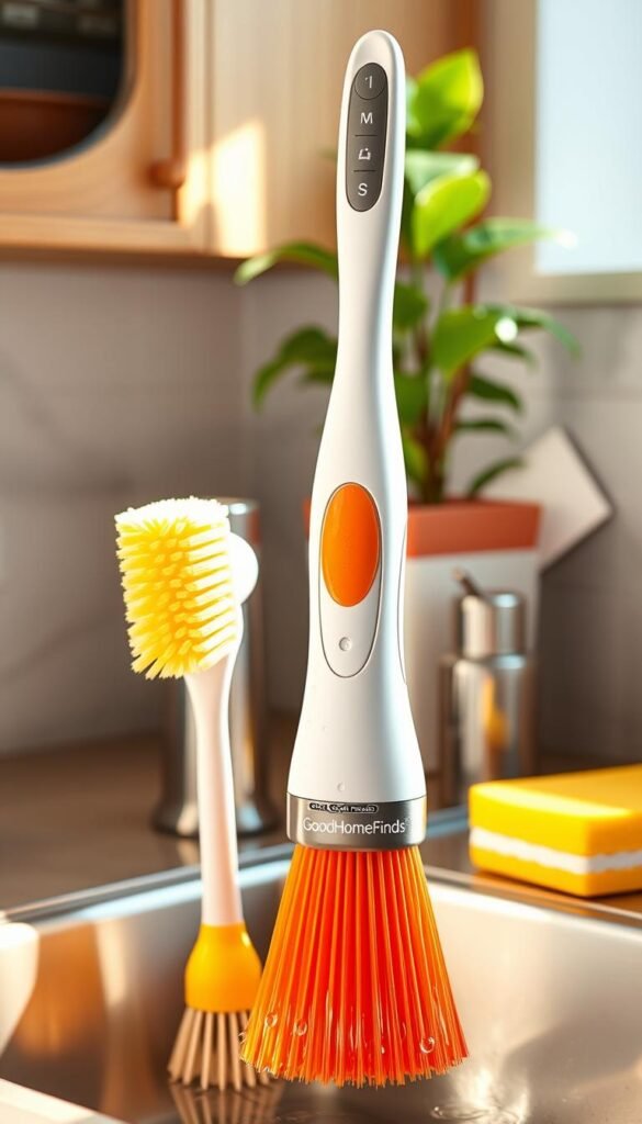 A beautifully organized kitchen sink area featuring a stylish dish brush with replaceable heads from the brand "GoodHomeFinds." In the foreground, the brush displays its multiple vibrant heads, including a soft bristle, a scrub brush, and a silicone scrubber, all neatly arranged. The middle ground shows a sleek dish soap dispenser and a bright sponge beside the brush, with water droplets glistening on them, conveying freshness and cleanliness. The background is softly blurred, hinting at a tidy kitchen with wooden cabinets and a touch of greenery from a potted plant on the counter. The lighting is warm and inviting, casting gentle shadows that enhance the image's coziness. The overall mood is cheerful and organized, perfect for illustrating effective kitchen cleaning tools.