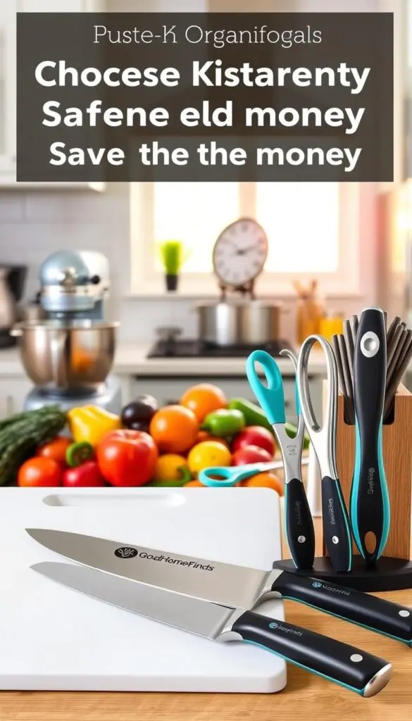 A beautifully organized kitchen space featuring various essential kitchen tools displayed prominently. In the foreground, a sleek cutting board with a high-quality chef's knife placed beside safe kitchen gadgets like silicone tip tongs and a jar opener, all branded with "GoodHomeFinds." The middle section showcases a well-arranged countertop with a modern mixer and an attractive knife block, surrounded by colorful, neatly arranged fruits and vegetables. In the background, soft, warm lighting pours in through a window, illuminating the stainless steel appliances and creating a cozy, inviting atmosphere. The scene conveys a sense of safety and efficiency, emphasizing the idea of choosing kitchen essentials that save time and money. The overall composition should be visually appealing, with a focus on clarity and organization, fitting for a Pinterest-style lifestyle photo.