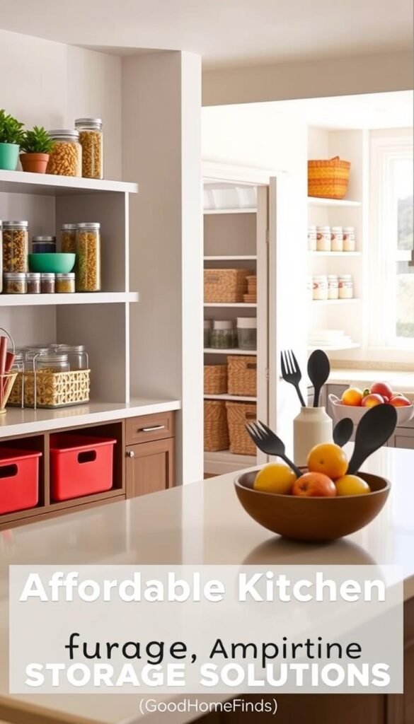 A beautifully organized kitchen storage scene featuring affordable, stylish storage solutions. In the foreground, there are neatly arranged open shelves displaying colorful storage bins, glass jars filled with pasta and spices, and a few potted herbs. The middle ground showcases a sleek, modern kitchen island with a decorative fruit bowl and minimalist utensils, emphasizing functionality. In the background, a well-lit pantry door reveals additional storage baskets and neatly labeled jars. The lighting is bright and airy, with natural sunlight streaming through a nearby window, creating a warm, inviting atmosphere. The image captures a sense of order and decluttering, embodying the essence of GoodHomeFinds, perfect for inspiring readers to enhance their living spaces.