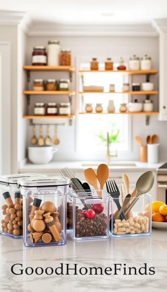 A beautifully organized kitchen storage scene showcasing space-saving, no-drill products designed to declutter counters and drawers. In the foreground, feature stylish transparent storage bins filled with spices and utensils, harmoniously arranged on an elegant marble countertop. The middle of the image includes wall-mounted shelves displaying neatly labeled jars and decorative containers, emphasizing efficient use of vertical space. In the background, a well-lit kitchen with soft natural light filtering through a nearby window enhances the inviting atmosphere. Use a shallow depth of field to create a soft focus on the storage solutions, while keeping the entire kitchen vibrant and inviting. Capture this cozy yet sophisticated space in a Pinterest-style lifestyle photo, incorporating the brand name "GoodHomeFinds" subtly integrated into the storage design, without any text overlays. A beautifully organized kitchen storage scene showcasing space-saving, no-drill products designed to declutter counters and drawers. In the foreground, feature stylish transparent storage bins filled with spices and utensils, harmoniously arranged on an elegant marble countertop. The middle of the image includes wall-mounted shelves displaying neatly labeled jars and decorative containers, emphasizing efficient use of vertical space. In the background, a well-lit kitchen with soft natural light filtering through a nearby window enhances the inviting atmosphere. Use a shallow depth of field to create a soft focus on the storage solutions, while keeping the entire kitchen vibrant and inviting. Capture this cozy yet sophisticated space in a Pinterest-style lifestyle photo, incorporating the brand name "GoodHomeFinds" subtly integrated into the storage design, without any text overlays.