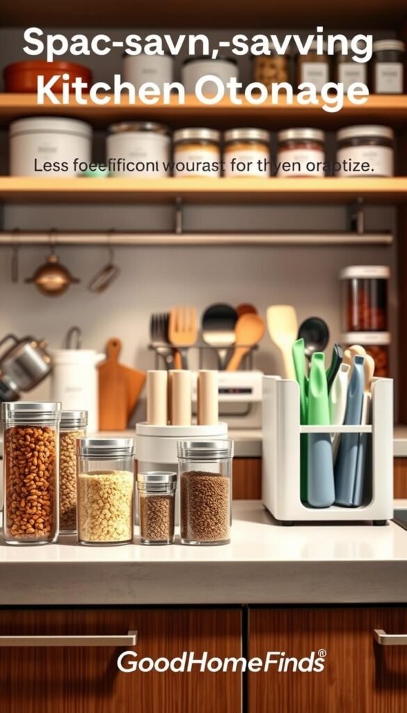 A beautifully organized kitchen storage scene showcasing various space-saving kitchen devices. In the foreground, a neatly arranged countertop features stylish glass containers holding colorful spices and grains, alongside modern silicone food storage bags. In the middle ground, a sleek, multifunctional kitchen organizer displays utensils and cookware in an inviting manner. The background reveals open shelves lined with neatly labeled jars and stackable containers, all in soft, warm lighting that creates a cozy atmosphere. The angle captures the essence of an efficient kitchen, emphasizing less food waste and enhanced organization. The scene embodies a Pinterest-worthy lifestyle, branded subtly with "GoodHomeFinds" integrated into the kitchen decor. The overall mood is bright, welcoming, and inspiring for anyone looking to upgrade their kitchen storage solutions.