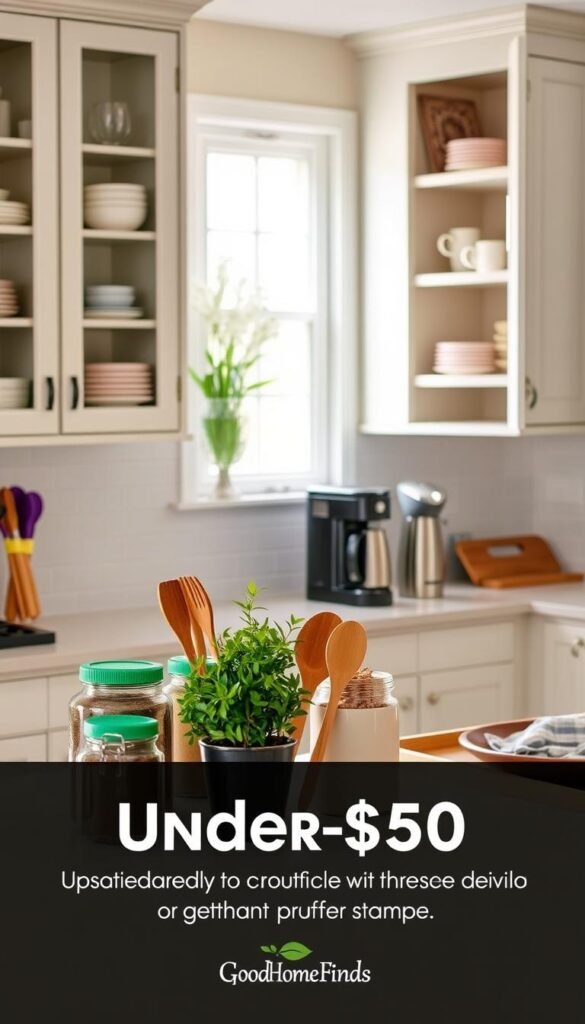 A beautifully organized kitchen that showcases under-$50 upgrades to enhance daily routines without permanent changes. In the foreground, a stylish countertop with chic storage solutions, including colorful jars for spices, bamboo utensils, and a potted herb plant. In the middle, a functional coffee station featuring a neatly arranged coffee maker, reusable mugs, and a decorative tray. The background reveals modern cabinetry with open shelves displaying bright dishware and minimalistic decor. Soft natural lighting pours in from a window, creating a warm, inviting atmosphere. The scene is captured from a slightly elevated angle, emphasizing the kitchen's layout and upgrades. Visual style reminiscent of Pinterest lifestyle photography, infused with a touch of warmth and practicality. Include brand elements subtly for "GoodHomeFinds."