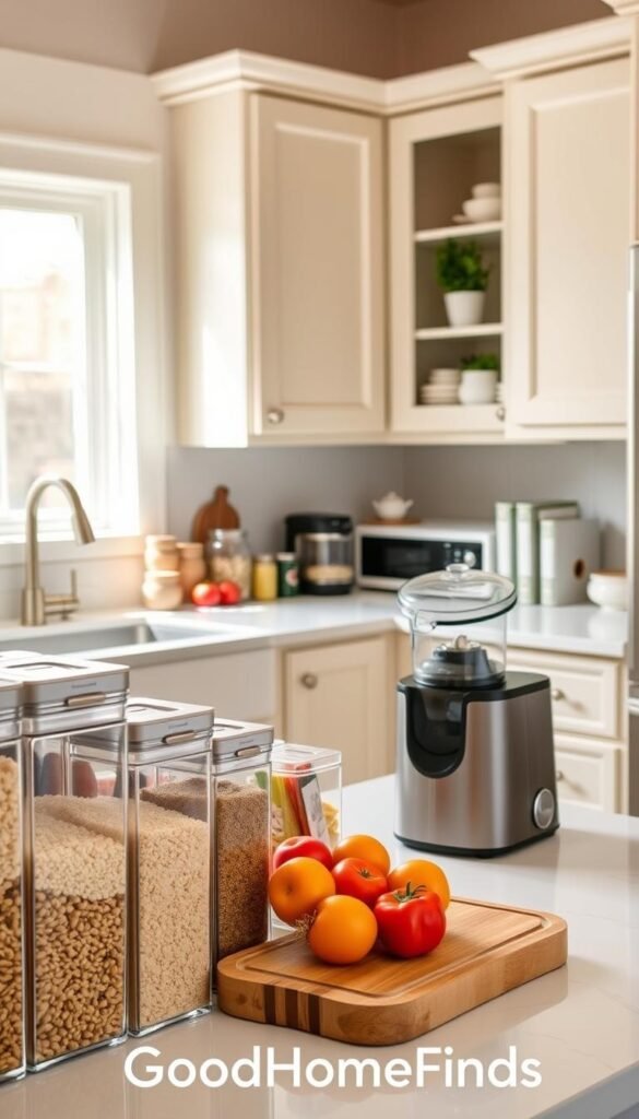 A beautifully organized kitchen with a warm, inviting atmosphere, featuring stylish pantry organizers designed to prevent food waste and reduce clutter. In the foreground, elegant, clear storage containers neatly display grains, pastas, and spices, while a wooden cutting board holds colorful fresh vegetables. The middle ground showcases a sleek countertop filled with essential kitchen gadgets, including a compact, modern food processor and a tasteful cookbook stand. The background reveals cabinets painted in soft pastel colors, accented by decorative shelving holding potted herbs and minimalist dishware. Soft, natural lighting streams in through a window, enhancing the inviting ambiance. The scene is captured at a slightly elevated angle, showcasing the brand "GoodHomeFinds," conveying a sense of practicality and style.