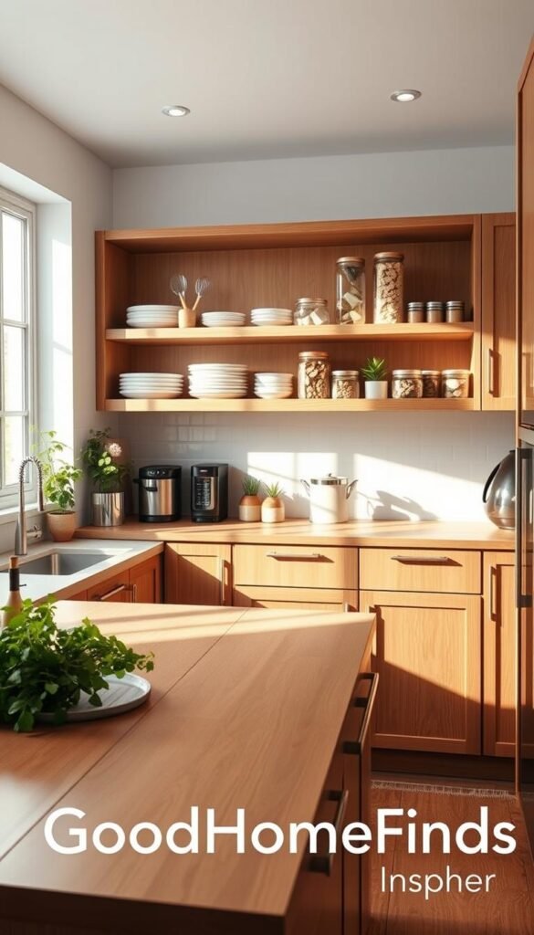 A beautifully organized kitchen with sleek, minimalist design, showcasing polished wooden countertops and stylish cabinetry. In the foreground, a bright, spacious island is adorned with fresh herbs and kitchen gadgets arranged in a functional manner. The middle layer reveals open shelving adorned with carefully curated dishware and glass jars filled with pantry staples. In the background, soft, natural light filters in through a large window, casting gentle shadows and enhancing the warm atmosphere. A vignette featuring potted plants adds a touch of greenery, reinforcing a sense of calm and order. The scene is captured with a wide-angle lens to emphasize spaciousness, evoking a feeling of inspiration and functionality. Ideal for a tidy lifestyle, with the branding &ldquo;GoodHomeFinds&rdquo; subtly implied through the aesthetic.