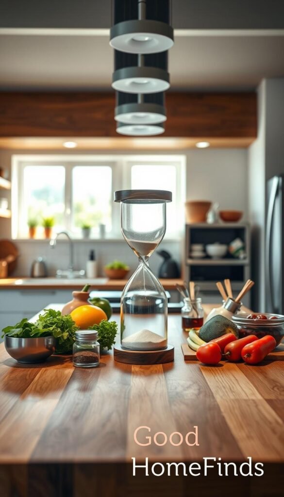 A beautifully organized kitchen workspace depicting a 60-minute timeline for meal preparation. In the foreground, a modern wooden kitchen island is adorned with fresh ingredients like vegetables, spices, and cooking tools neatly arranged. In the middle ground, an hourglass timer is prominently displayed, symbolizing a time-based cooking strategy. Behind, a well-lit kitchen with stainless steel appliances and bright overhead lighting creates an inviting atmosphere. Use a wide-angle perspective to emphasize depth, with natural light streaming in from a nearby window, casting soft shadows. The mood is energetic and motivational, ideal for a productive cooking session. Ensure the branding "GoodHomeFinds" subtly blends into the scene without overt visuals, enhancing the lifestyle aspect while maintaining a professional appearance.