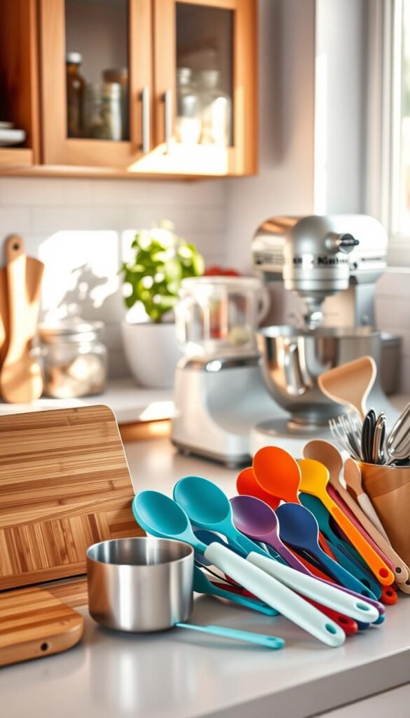 A beautifully organized kitchen workspace featuring an array of modern kitchen tools and gadgets that embody functionality and style. In the foreground, there&rsquo;s a sleek bamboo cutting board, a set of stainless steel measuring cups, and a colorful assortment of silicone spatulas. In the middle, display a compact food processor and an elegant stand mixer, both with a light sheen, emphasizing their modern design. The background should include a warm-toned kitchen cabinet with glass jars filled with ingredients and a potted herb plant, creating a cozy atmosphere. Soft, diffused natural lighting streams in from a nearby window, casting gentle shadows and enhancing the homey feel. This image should embody a Pinterest-style lifestyle aesthetic, showcasing practical finds in a harmonious kitchen environment. GoodHomeFinds.