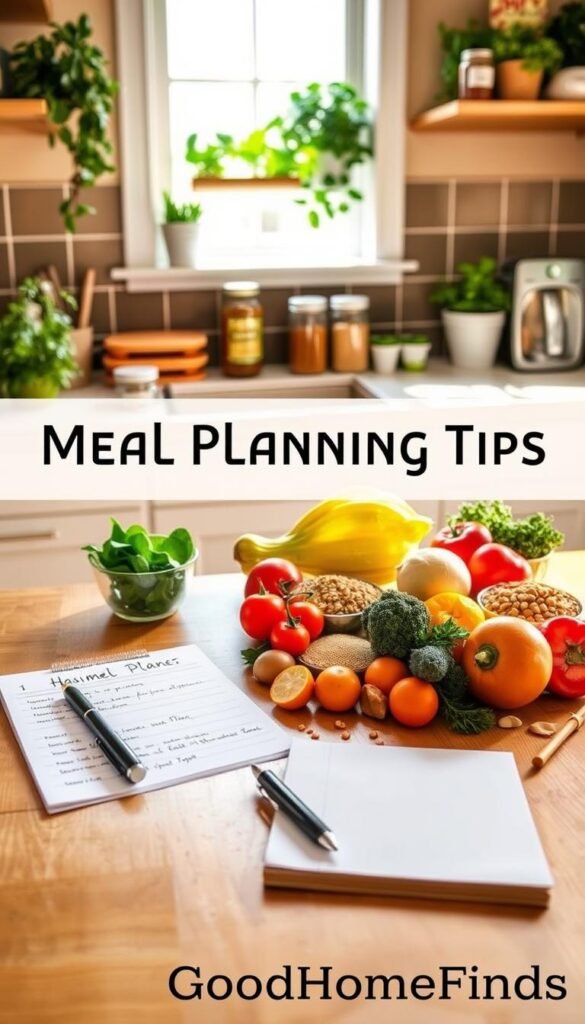 A beautifully organized kitchen workspace showcasing meal planning tips. In the foreground, a bright wooden table displays an array of fresh ingredients: colorful vegetables, grains, and herbs artfully arranged next to a notepad and pen with a handwritten meal plan. In the middle background, a well-stocked pantry is visible, with neat jars and containers labeled for easy access. Soft natural light streams in from a window, casting gentle shadows and creating a warm, inviting atmosphere. A stylish herb garden peeks in on one side, adding a touch of greenery. The scene conveys a sense of calm organization, ideal for promoting efficient cooking practices. This image embodies the essence of home cooking, styled in a Pinterest aesthetic, branded subtly with "GoodHomeFinds." A beautifully organized kitchen workspace showcasing meal planning tips. In the foreground, a bright wooden table displays an array of fresh ingredients: colorful vegetables, grains, and herbs artfully arranged next to a notepad and pen with a handwritten meal plan. In the middle background, a well-stocked pantry is visible, with neat jars and containers labeled for easy access. Soft natural light streams in from a window, casting gentle shadows and creating a warm, inviting atmosphere. A stylish herb garden peeks in on one side, adding a touch of greenery. The scene conveys a sense of calm organization, ideal for promoting efficient cooking practices. This image embodies the essence of home cooking, styled in a Pinterest aesthetic, branded subtly with "GoodHomeFinds."