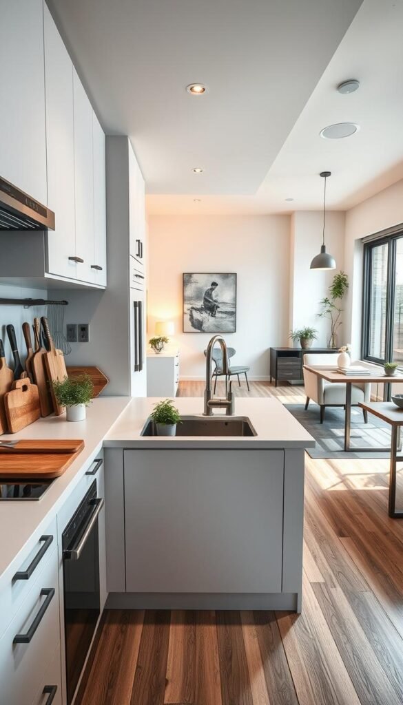 A beautifully organized kitchen zone in a small space, showcasing a modern galley layout with sleek cabinetry and efficient storage solutions. The foreground features a carefully arranged countertop with cutting boards, utensils, and fresh herbs in pots, creating an inviting atmosphere. In the middle, there's a stylish sink area with stainless steel fixtures and an under-cabinet lighting setup that highlights the functional beauty of the space. The background reveals an open-concept design that flows seamlessly into a dining area, decorated with minimalistic furniture and warm, natural light streaming through large windows. The overall mood is cozy and functional, ideal for maximizing space in a small kitchen. Photography taken with a wide-angle lens to emphasize openness, high-key lighting to create a bright and cheerful ambiance. GoodHomeFinds.
