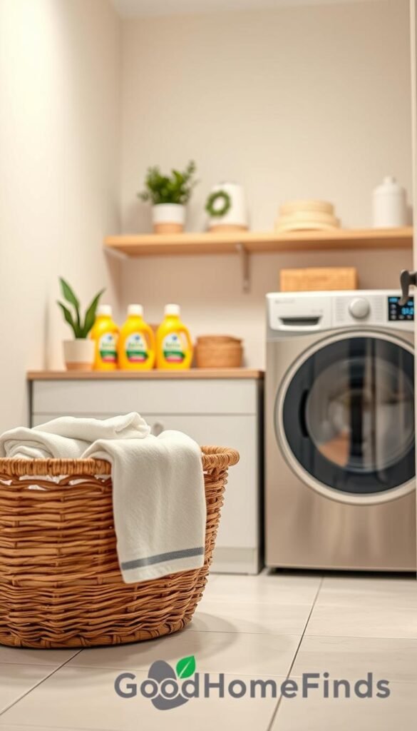 A beautifully organized laundry room featuring essential products that reflect quality and practicality. In the foreground, a stylish basket holds neatly folded towels, while a set of vibrant eco-friendly detergent bottles is displayed on a simple wooden shelf. The middle ground includes a sleek washing machine and dryer with a digital display, accompanied by a cute indoor plant for a touch of freshness. The background features soft, ambient lighting that enhances the clean aesthetics of the space, with pastel-colored walls and minimalist decor. The atmosphere is inviting and functional, embodying the spirit of modern laundry solutions. Include subtle branding elements that indicate "GoodHomeFinds" without overtly showing the brand name. The scene is shot at eye level with a shallow depth of field, giving a Pinterest-worthy lifestyle appeal.