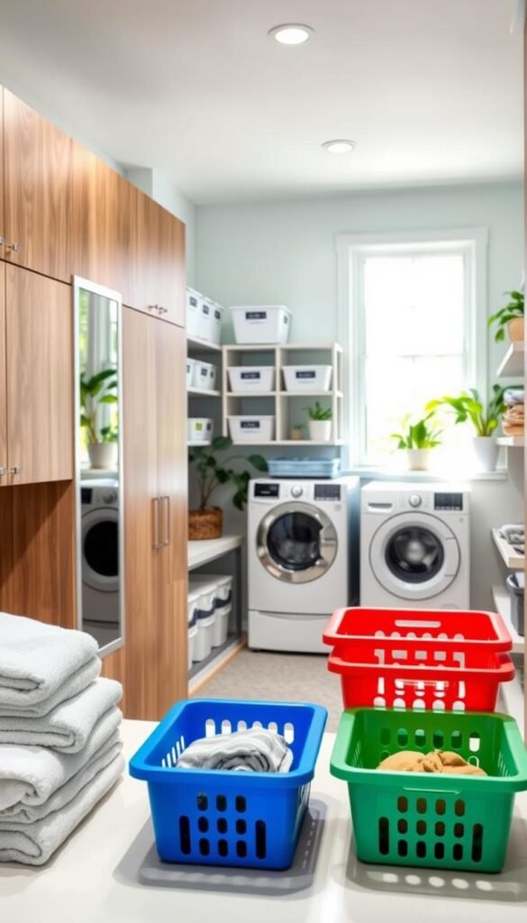A beautifully organized laundry room featuring sleek wooden cabinets and modern shelving. In the foreground, neatly folded towels and colorful laundry baskets are arranged on a clean countertop, creating a sense of order. The middle section showcases a bright washing machine and dryer, surrounded by labeled storage bins and potted green plants for a touch of freshness. In the background, natural light streams through a large window, illuminating the space and highlighting the tranquil pastel colors on the walls. The atmosphere is calm and inviting, evoking a stress-free environment ideal for cleaning and organization. The image should reflect the aesthetic of "GoodHomeFinds," with a Pinterest-inspired, lifestyle feel, showcasing a blend of functionality and style. A beautifully organized laundry room featuring sleek wooden cabinets and modern shelving. In the foreground, neatly folded towels and colorful laundry baskets are arranged on a clean countertop, creating a sense of order. The middle section showcases a bright washing machine and dryer, surrounded by labeled storage bins and potted green plants for a touch of freshness. In the background, natural light streams through a large window, illuminating the space and highlighting the tranquil pastel colors on the walls. The atmosphere is calm and inviting, evoking a stress-free environment ideal for cleaning and organization. The image should reflect the aesthetic of "GoodHomeFinds," with a Pinterest-inspired, lifestyle feel, showcasing a blend of functionality and style.