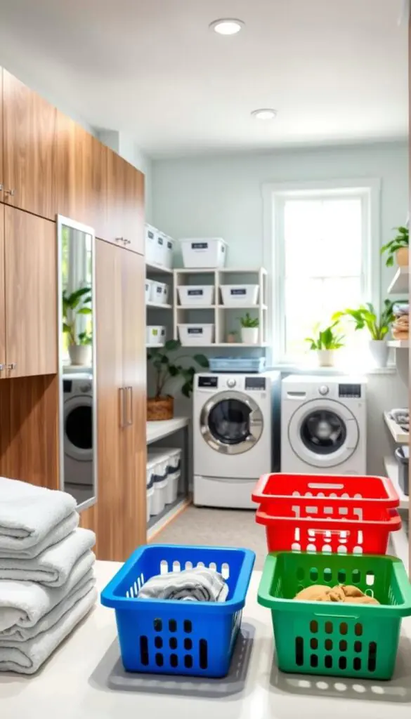 A beautifully organized laundry room featuring sleek wooden cabinets and modern shelving. In the foreground, neatly folded towels and colorful laundry baskets are arranged on a clean countertop, creating a sense of order. The middle section showcases a bright washing machine and dryer, surrounded by labeled storage bins and potted green plants for a touch of freshness. In the background, natural light streams through a large window, illuminating the space and highlighting the tranquil pastel colors on the walls. The atmosphere is calm and inviting, evoking a stress-free environment ideal for cleaning and organization. The image should reflect the aesthetic of "GoodHomeFinds," with a Pinterest-inspired, lifestyle feel, showcasing a blend of functionality and style.
