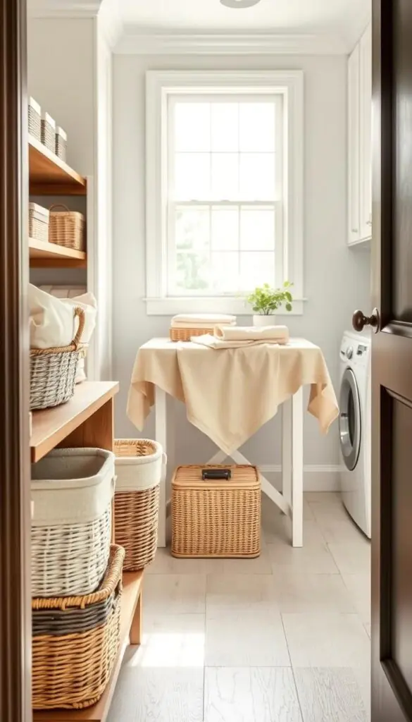 A beautifully organized laundry room showcases a variety of stylish storage baskets, emphasizing closed storage solutions perfect for small homes. In the foreground, a set of wicker and fabric baskets in neutral tones arranges neatly on a wooden shelf. The middle section features an elegant folding table draped with a soft, pastel-colored cloth, creating a cozy, inviting atmosphere. In the background, soft daylight filters through a window, casting a gentle glow on the walls adorned with light-colored cabinetry. The overall mood is fresh and tidy, inspired by Pinterest aesthetics. Capture the essence of stylish clutter concealment, focusing on practical yet chic storage options from GoodHomeFinds, presented without any text or distractions.
