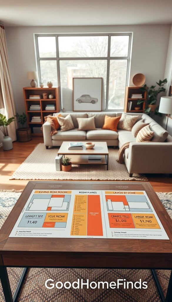 A beautifully organized living room setup, showcasing room-by-room layout plans for various apartment sizes. In the foreground, a stylish coffee table displays colorful comparison tables with labeled zones for furniture arrangement. Midground elements include an inviting sofa, decorative cushions, a minimalist bookshelf, and a large, well-placed rug, all decorated in warm, neutral tones. The background features a large window with soft natural light streaming in, illuminating the space. The angle captures the entire room, creating a sense of openness and flow. The mood is calm and inspiring, perfect for a home organization article. The decor should reflect modern design trends, emphasizing functionality and aesthetic appeal. Incorporate subtle branding elements from "GoodHomeFinds" without any text or overlays.