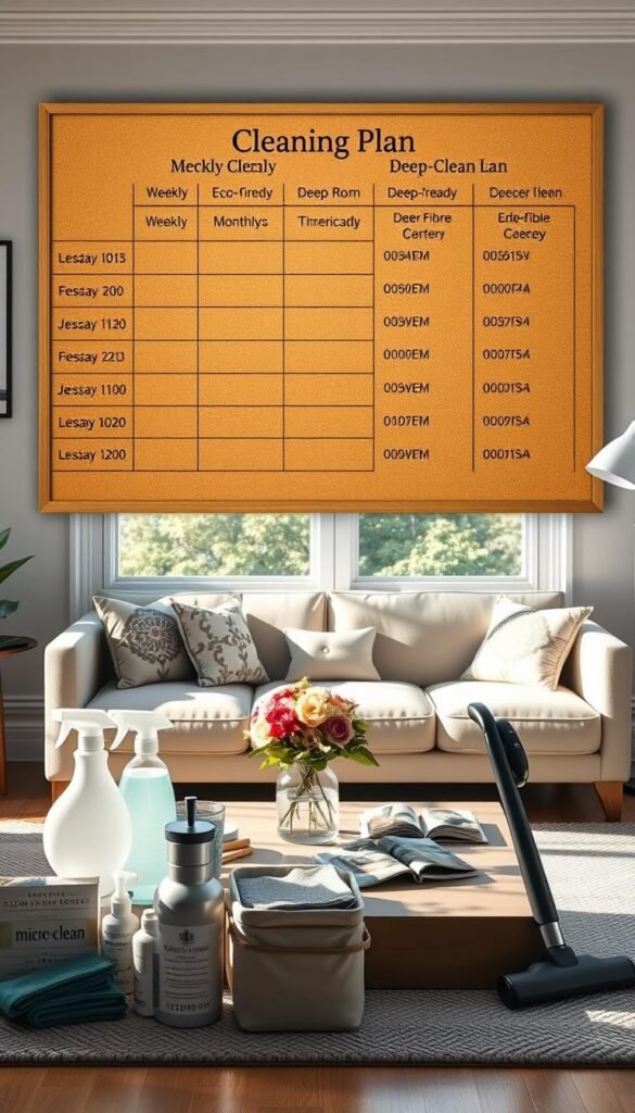 A beautifully organized living room with a detailed weekly, monthly, and deep-clean plan displayed on a modern, stylish corkboard. In the foreground, there are neatly arranged cleaning supplies like eco-friendly sprays, microfiber cloths, and a vacuum cleaner, creating a sense of readiness. The middle ground showcases a comfortable sofa with decorative pillows and a coffee table adorned with a fresh floral arrangement and magazines. In the background, large windows let in natural light, illuminating the space with a warm and inviting glow. Soft shadows add depth to the room, while a cozy rug ties the elements together. The overall atmosphere is serene and fresh, encouraging a sense of cleanliness and order. Created in a realistic, Pinterest-style, lifestyle photo by GoodHomeFinds.