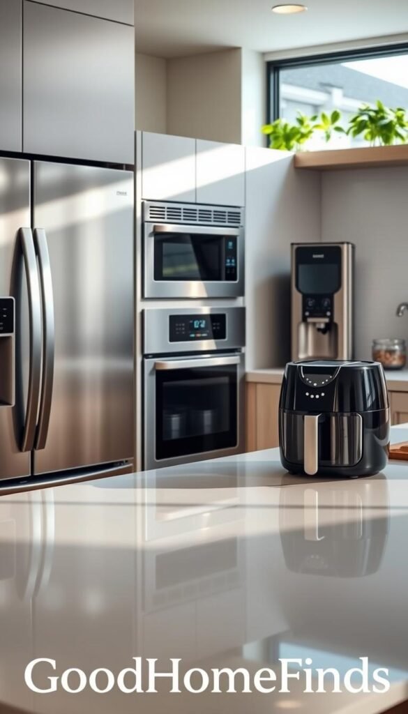 A beautifully organized modern kitchen filled with innovative kitchen appliances, showcasing a sleek smart refrigerator with a touch-screen interface, a compact high-performance blender, a multi-functional air fryer, and an advanced coffee maker. In the foreground, the countertop gleams under soft, diffused natural lighting, reflecting the latest in kitchen technology. The middle section features an elegantly designed wall-mounted oven and a stylish dishwasher, all in a contemporary color palette of stainless steel and matte black. The background has soft green potted herbs on the windowsill, enhancing the atmosphere of fresh, modern living. The scene conveys a sense of ease and sophistication, perfect for a lifestyle article. The image embodies the essence of &ldquo;GoodHomeFinds.&rdquo;