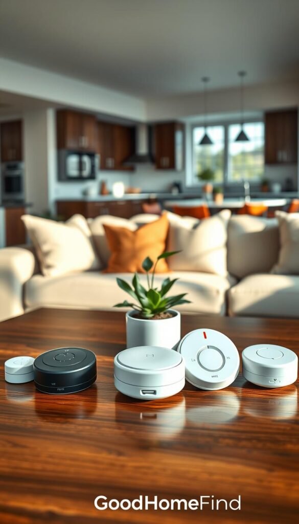 A beautifully organized modern living room featuring an array of small, sleek sensors designed for home safety, such as a water leak sensor, smoke and carbon monoxide detector, and an air quality monitor. In the foreground, focus on a polished wooden table displaying these devices with an inviting homey feel. In the middle, a contemporary sofa with cozy cushions and a small potted plant adds warmth, complemented by soft, natural light streaming in through a large window. In the background, a hint of a stylish kitchen can be seen, with high-tech appliances and stylish decor. The overall atmosphere is safe, comfortable, and tech-savvy, embodying a sense of tranquility and preparedness in a smart home environment. The scene reflects the brand "GoodHomeFinds."