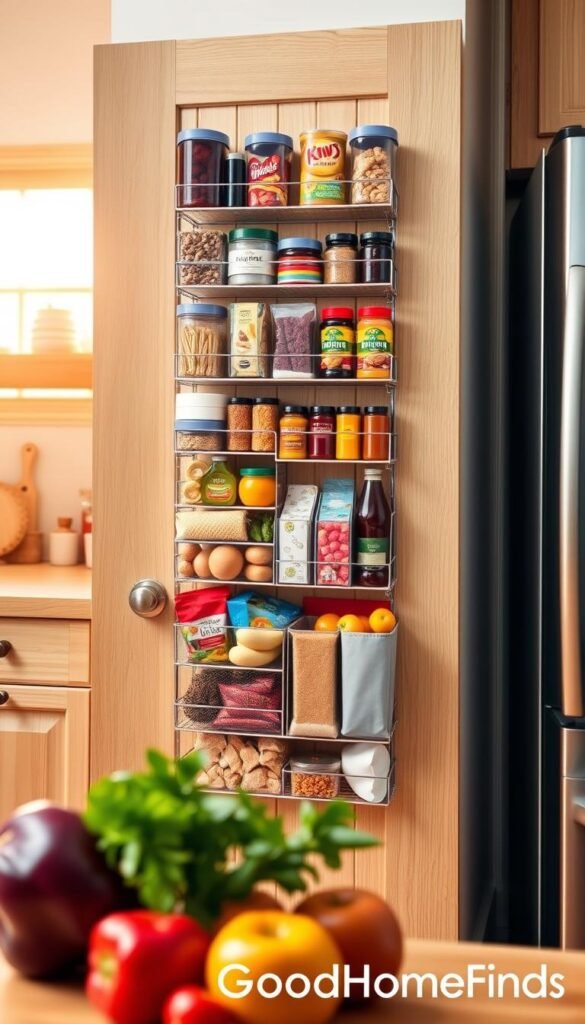 A beautifully organized over-the-door pantry organizer, showcasing various clear containers filled with colorful snacks, condiments, and dry goods. The organizer is mounted on a classic wooden door with a soft, warm wood grain finish. In the foreground, a few vibrant fruits and vegetables are casually placed to create a homey atmosphere. The middle ground features the intricately designed over-the-door shelving, filled to the brim with neatly arranged items, while the background reveals a softly blurred kitchen setting with warm, natural light streaming in through a nearby window, enhancing the cozy feel. The overall mood is inviting and functional, perfect for small space living. The image should evoke a sense of home organization and modern living, branded subtly with "GoodHomeFinds."