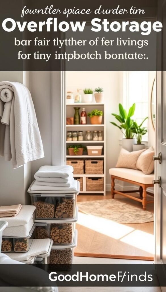 A beautifully organized overflow storage area beyond the kitchen, illustrating smart pantry solutions for tiny apartments. In the foreground, a stylish bathroom corner features clear storage bins with neatly labeled herbs and pantry staples, alongside pristine towels in neutral tones. The middle section showcases a well-arranged closet with shelves displaying jars filled with dry goods and decorative baskets. In the background, an entryway highlights a chic storage bench adorned with plants, creating a warm atmosphere. Soft, natural light pours in from a nearby window, casting gentle shadows. The image has a Pinterest-worthy aesthetic, evoking a sense of calm and order. This scene is designed under the brand "GoodHomeFinds" to inspire renters to optimize their small spaces effectively.