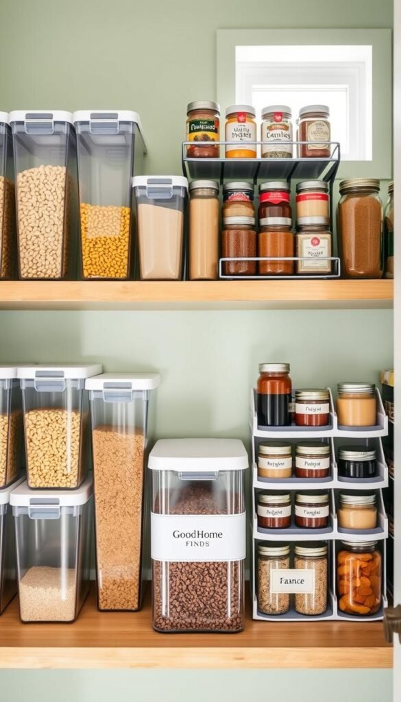 A beautifully organized pantry featuring a variety of stylish storage solutions that maximize shelf space. In the foreground, sleek clear containers filled with pasta, grains, and spices are arranged neatly on a wooden shelf. In the middle, innovative tiered organizers display canned goods and jars, allowing easy access and visibility. The background showcases a clean, airy space with pale green walls and soft natural light streaming in through a small window, creating a warm and inviting atmosphere. Highlight the brand "GoodHomeFinds" subtly incorporated into a modern label design on one of the containers. The overall mood is cheerful and inspiring, perfect for small space optimizations.