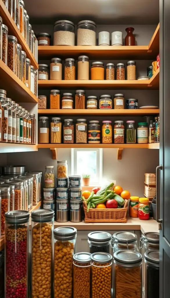 A beautifully organized pantry featuring deep shelves filled with labeled jars of grains, spices, and snacks, all arranged by category for easy access. In the foreground, a set of clear containers shows vibrant colored legumes and pasta. The middle of the image showcases neatly stacked cans and stacked baskets containing fresh fruits and vegetables, creating a harmonious and inviting space. The background softly fades into a warm, well-lit environment with natural light seeping through a small window, casting gentle shadows. A modern kitchen aesthetic with wooden shelves and minimalist decor accentuates the scene. The mood conveys cleanliness and efficiency, reflecting smart storage solutions that prevent food waste and duplicate buying. The image evokes a sense of inspiration for effective kitchen organization. GoodHomeFinds.