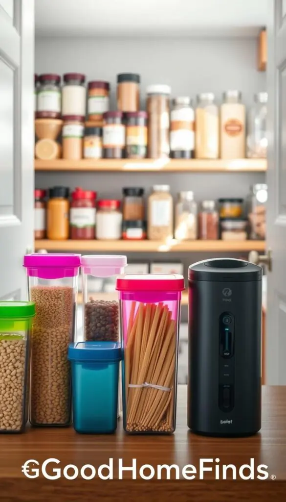 A beautifully organized pantry featuring smart budget products, specifically focusing on vacuum storage containers and handheld pump bags for pantry ingredients. In the foreground, a set of colorful, transparent vacuum-sealed containers displaying grains, pasta, and snacks, with a sleek handheld pump beside them. In the middle, a wooden shelf adorned with neatly labeled jars and containers, showcasing a tidy arrangement of spices and dry goods. The background reveals soft-focus shelves filled with additional storage solutions, creating a cozy and inviting atmosphere. Bright, natural lighting streams in from a nearby window, illuminating the scene and casting gentle shadows. The overall mood is fresh, practical, and stylish, capturing the essence of organized living. GoodHomeFinds brand theme integrated subtly into the design, enhancing the lifestyle appeal.