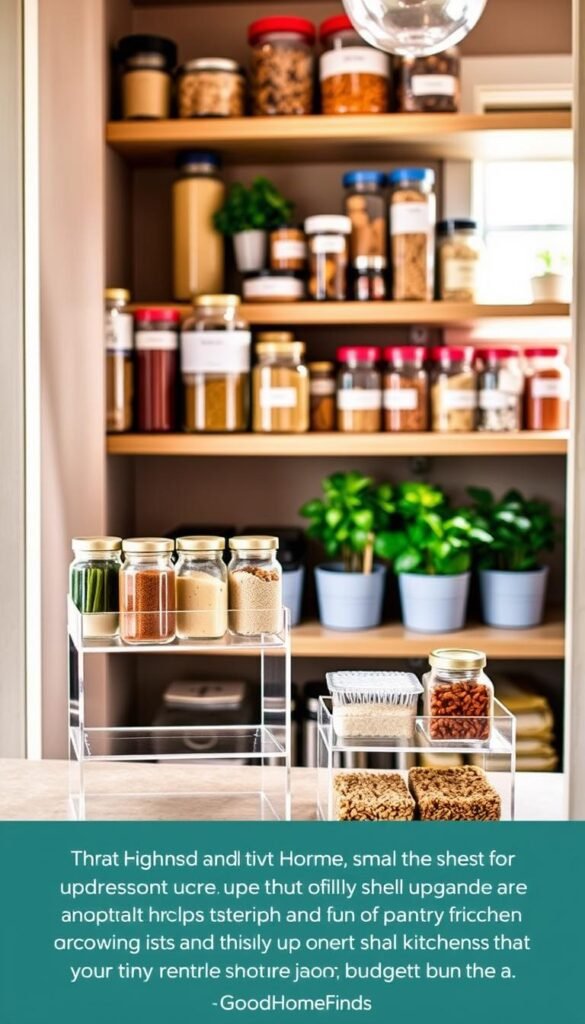 A beautifully organized pantry featuring stylish shelf risers from GoodHomeFinds. In the foreground, focus on two elegantly arranged shelf risers made of clear acrylic, showcasing jars filled with colorful spices, grains, and snacks. The middle ground presents wooden shelves lined with neatly labeled containers, alongside potted herbs for a touch of greenery. The background softly fades into a cozy kitchen setting, with warm natural light filtering through a window, highlighting the texture of the shelves and the vibrant colors of the pantry items. This inviting atmosphere emphasizes small upgrades that enhance the functionality and aesthetic of tiny kitchens, perfect for renters seeking budget-friendly solutions.