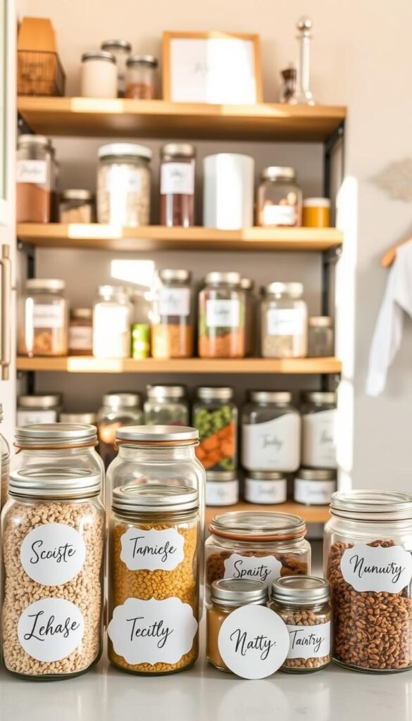 A beautifully organized pantry scene showcasing an assortment of stylish labels designed for jars and containers, emphasizing functionality and aesthetic appeal. In the foreground, a selection of elegant, handwritten-style labels in various shapes, like round and rectangular, placed beside glass jars filled with grains, spices, and snacks. The middle ground features neatly arranged wooden shelves stocked with labeled containers, creating a visually pleasing layout of colors and textures. Soft, natural light illuminates the space, casting gentle shadows that enhance the inviting atmosphere. The background reveals a cream-colored wall adorned with simple decor items, contributing to a cozy and organized ambiance. The scene is reminiscent of a Pinterest-worthy lifestyle photo, reflecting a curated look associated with the brand "GoodHomeFinds."